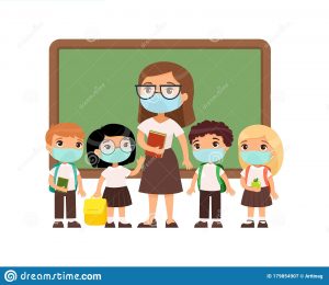 female teacher pupils protective masks their faces boys girls dressed school uniform female teacher 179854907