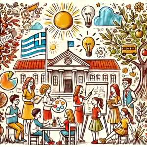 DALL·E 2024 12 21 19.11.20 A hand drawn sketch of a vibrant and welcoming Greek school setting. The illustration features students and teachers collaborating on creative project