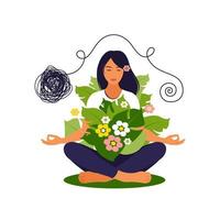concept of love yourself and a healthy lifestyle girl makes yoga relaxes at home or breathing exercises woman sits on the floor and meditates illustration vector