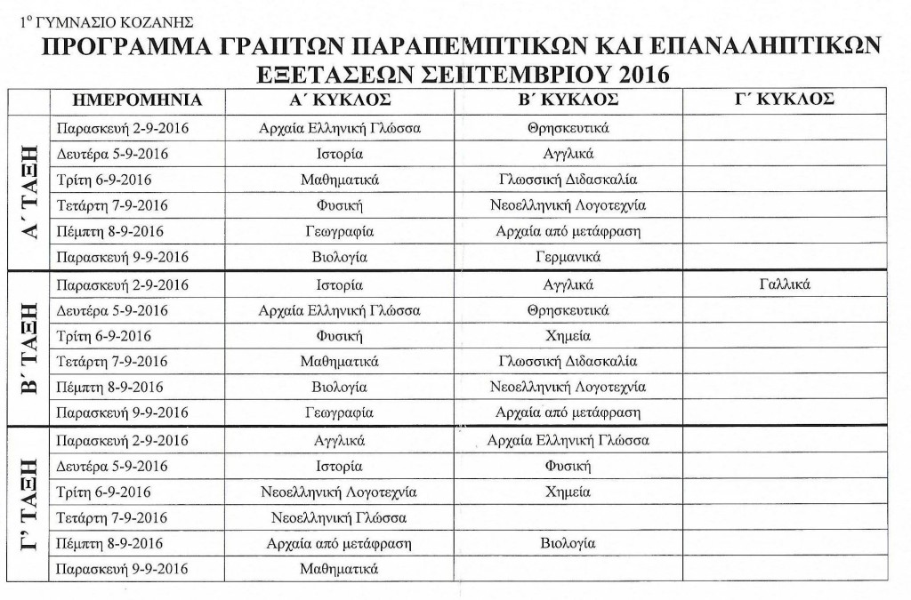 ΠΡΟΓΡΑΜΜΑ ΠΑΡΑΠΕΜΠΤΙΚΩΝ ΚΑΙ ΕΠΑΝΑΛΗΠΤΙΚΩΝ ΕΞΕΤΑΣΕΩΝ ΣΕΠΤΕΜΒΡΙΟΥ 2016