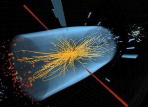 FILE - This undated image made available by CERN shows a typical candidate event in the search for the Higgs boson, including two high-energy photons whose energy (depicted by red lines) is measured in the CMS electromagnetic calorimeter. The yellow lines are the measured tracks of other particles produced in the collision. Physicists Francois Englert of Belgium and Peter Higgs of Britain have won the 2013 Nobel Prize in physics, Tuesday Oct. 8, 2013. The Royal Swedish Academy of Sciences cited the two scientists for the "theoretical discovery of a mechanism that contributes to our understanding of the origin of mass of subatomic particles." (AP Photo/CERN, File)