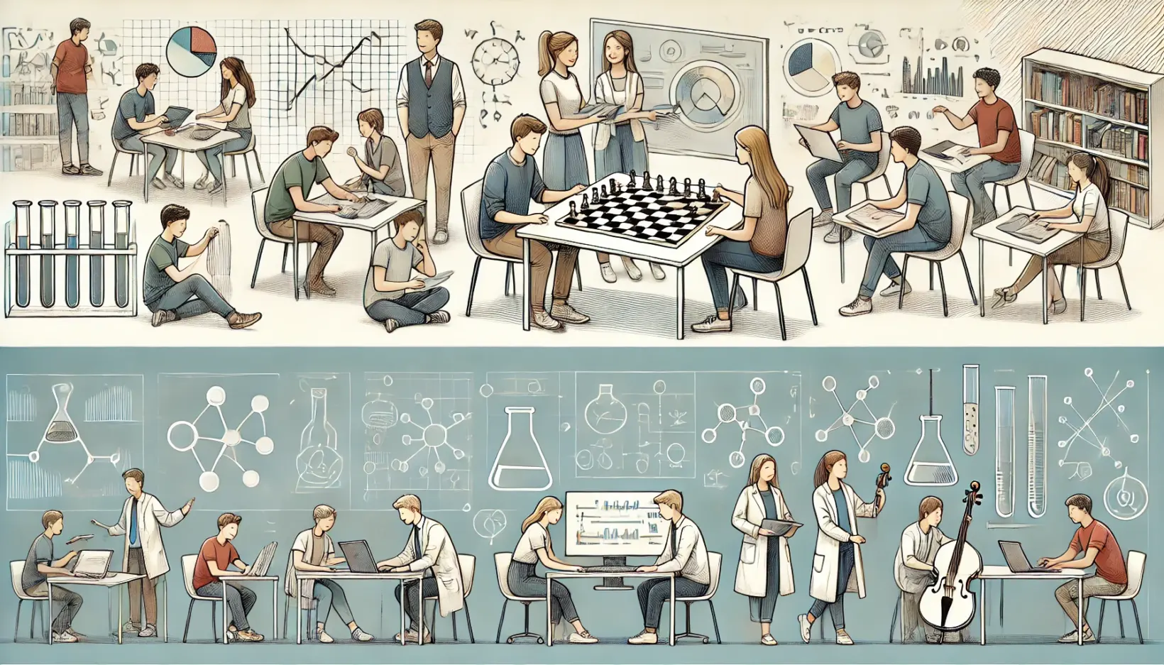 DALL·E 2024 11 14 18.35.55 A modern illustrated banner image for a school website in a sketch style. The image shows students engaged in various activities some playing chess