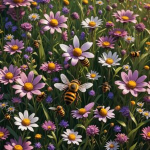 12. μέλισσες που πετάνε στα λουλούδια και στο γρασίδι για να πάρουν το νέκταρ