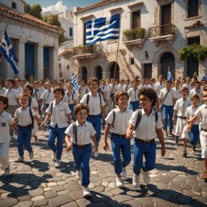 3. παιδάκια που κάνουν παρέλαση με άσπρη μπλούζα και μπλε παντελόνι και κρατάνε την ελληνική σημαία