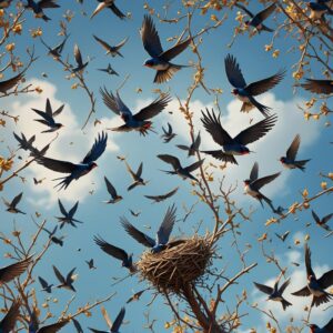 7. χελιδόνια που πετάνε σε γαλάζιο ουρανό και μαζεύουν κλαράκια για να φτιάξουν τη φωλιά τους