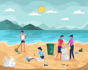 συλλέγουν σκουπίδια στην παραλία του ωκεανού απεικόνιση 200918360
