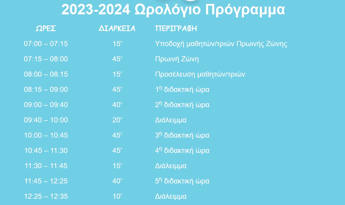 2023-2024 Ωρολόγιο Πρόγραμμα