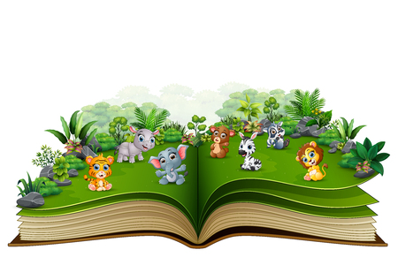 110489399 open book with baby animal cartoon in the park