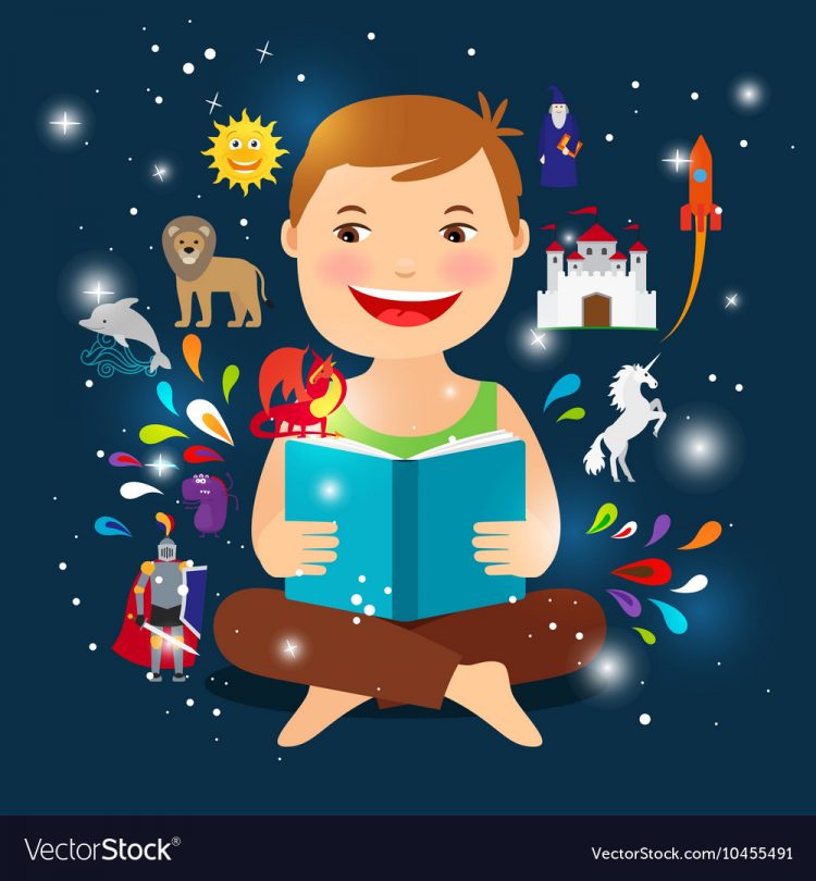 cartoon kid reading fairy tale book vector 10455491