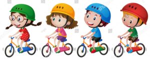 stock vector four kids riding bike with helmet on illustration 530186020