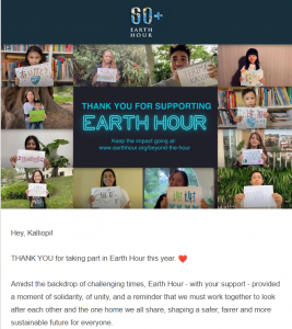 Thank you note Earth Hour
