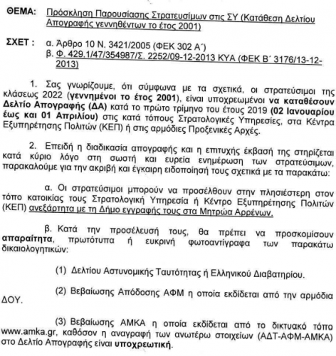 Πρόσκληση παρουσίασης στρατευσίμων 1ο τρίμηνο 2019