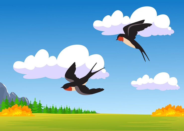 two cartoon swallows flying autumn field flat illustration 74855 17135