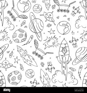 seamless pattern with hand drawn cosmic elements black outline objects on white background vector illustration 2B76MWG