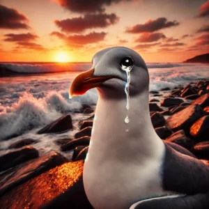 DALL·E 2025 03 03 08.51.50 A seagull crying on a rocky shore during sunset. The bird has tears streaming from its eyes reflecting sadness. The ocean waves crash in the backgrou