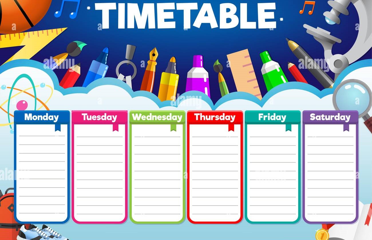 colorful school timetable weekly schedule with supplies and student items 2AE43C1 1