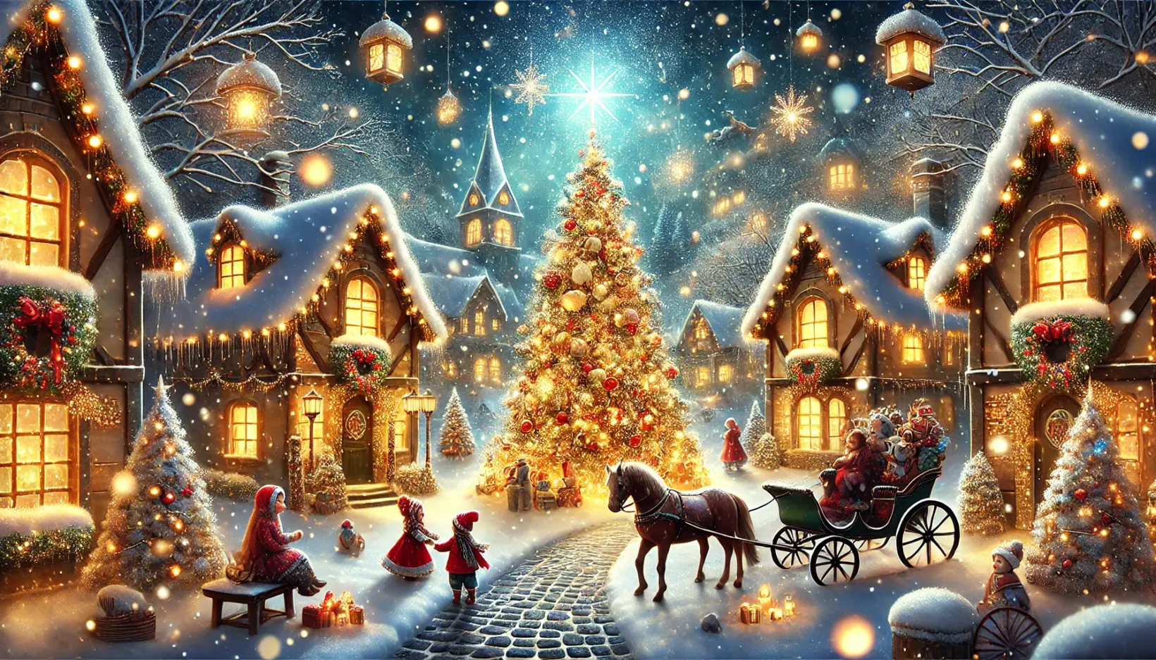 DALL·E 2024 12 29 18.56.31 A magical Christmas scene with a fairy tale atmosphere featuring a cozy snow covered village at night illuminated by warm glowing lights. A grand Chr