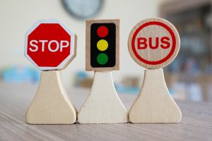 closeup shot miniature wooden road signs table