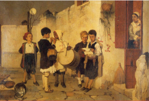 1872 ο Νικηφόρος Λύτρας ζωγράφισε μια ομάδα παιδιών διαφόρων εθνικοτήτων να λένε τα χριστουγεννιάτικα κάλαντα.