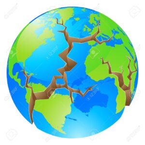 18419208 Conceptual illustration of a world crisis concept The globe with big cracks opening up round it coul Stock Vector