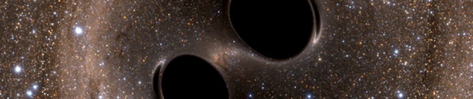 The collision of two black Holes is seen in this still image from a computer simulation