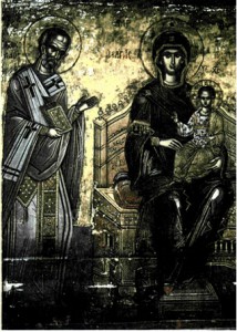 Η Παναγία και ο Άγιος Νικόλαος. Τοιχογραφία στη μονή Δοχειαρίου, Άγιο Όρος, 16ος αι.