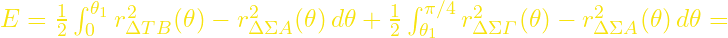 E=\frac{1}{2}\int_0^{\theta_1}r_{\Delta TB}^2(\theta) - r_{\Delta\Sigma A}^2(\theta) \, d\theta+ \frac{1}{2}\int_{\theta_1}^{\pi/4} r_{\Delta\Sigma \varGamma}^2(\theta) - r_{\Delta\Sigma A}^2(\theta) \, d\theta =