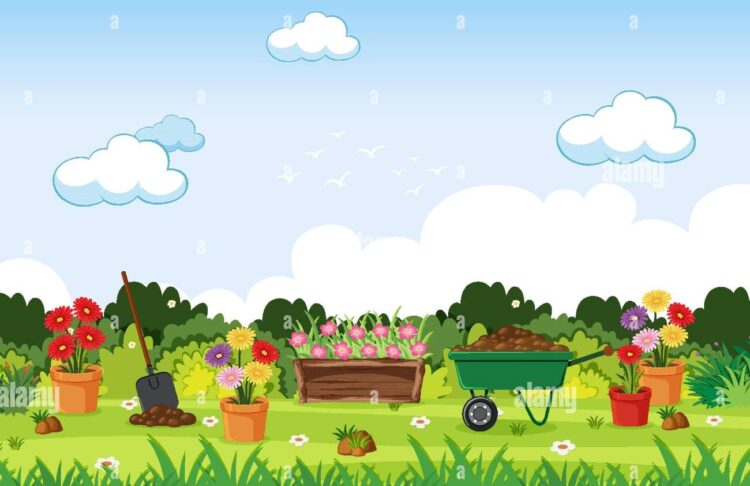 background scene with gardening tools in the garden illustration 2BWPH0R