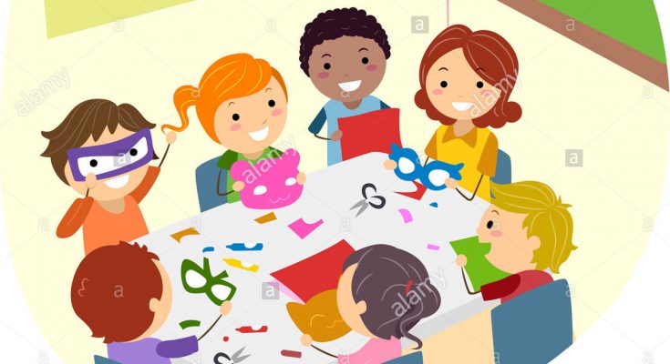 illustration-of-kids-making-paper-crafts-C62GMN