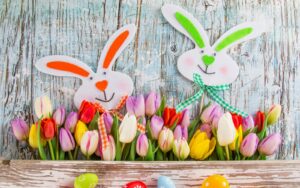 happy easter decor with bunny faces and tulips wide 5120x3200 wide wallpapers.net