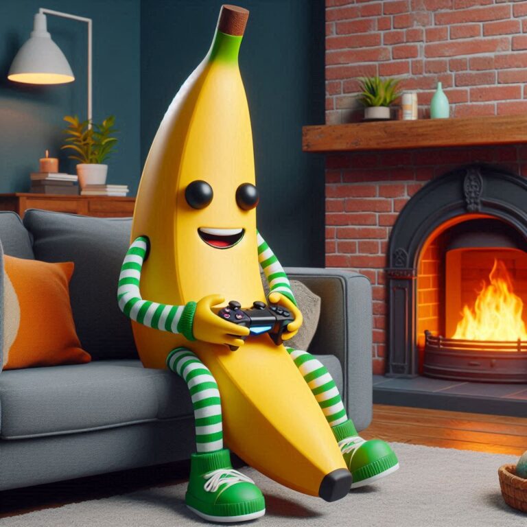 A three dimensional cartoon banana sitting on a living room couch next to a fireplace wearing green pajamas and playing playstation 768x768 1