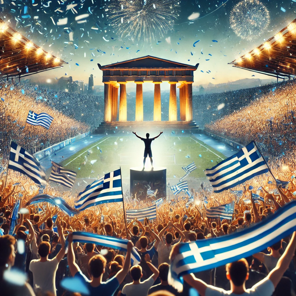 DALL·E 2025 02 03 18.03.16 An inspiring digital artwork celebrating the Panhellenic Fan Day in Greece. The scene features a vibrant stadium filled with fans holding banners fla