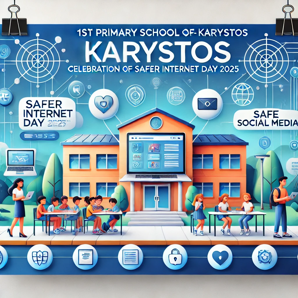 DALL·E 2025 02 10 14.58.57 A vibrant and professional banner showcasing an event for safe internet navigation titled 1st Primary School of Karystos Karystos Celebration of