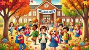 DALL·E 2024 09 02 21.16.23 A joyful autumn school return scene. Children of various ages are happily entering a school building with bright smiles on their faces carrying colo