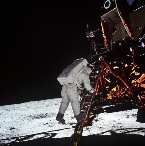 Astronaut Edwin E. Aldrin, Jr., lunar module pilot, descends the steps of the Lunar Module ladder July 20, 1969 as he prepares to walk on the Moon. This photograph was taken by Apollo 11 commander astronaut Neil A. Armstrong with a 70mm lunar surface camera during the Apollo 11 extravehicular activity. The 30th anniversary of the Apollo 11 Moon mission is celebrated July 20, 1999. (Photo by NASA/Newsmakers)