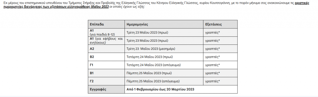 2022 08 17 13 01 51 ΟΡΙΣΤΙΚΕΣ ΗΜΕΡΟΜΗΝΙΕΣ ΔΙΕΝΕΡΓΕΙΑΣ ΕΞΕΤΑΣΕΩΝ ΕΛΛΗΝΟΜΑΘΕΙΑΣ 2023 FINAL DATES FOR