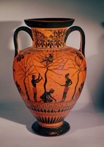 g athenian black figure amphora showing olive gathering