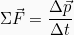 \[\Sigma \vec{F} = \frac{\Delta \vec{p}}{\Delta t}\]