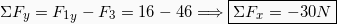 \[ΣF_y = {F_1}_y - F_3 = 16 - 46 \Longrightarrow \boxed{ΣF_x = -30 N}\]