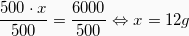 \[  \frac{500 \cdot x}{500} = \frac{6000}{500} \Leftrightarrow   x = 12g\]