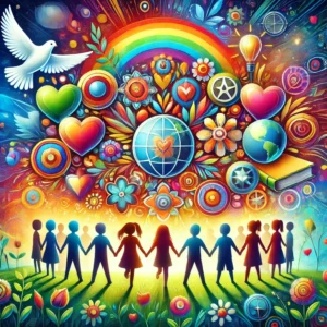 DALL·E 2024 11 23 21.57.14 A vibrant and colorful digital painting symbolizing childrens rights. The image features children of diverse ethnicities holding hands in a circle s