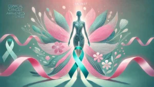 DALL·E 2025 01 23 19.44.31 A vibrant digital illustration symbolizing January as Cervical Cancer Awareness Month. The central subject is a stylized representation of a womans s