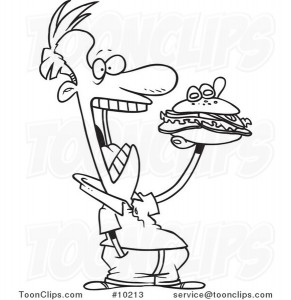 cartoon-black-and-white-line-drawing-of-a-guy-eating-a-sandwich-by-ron-leishman-10213