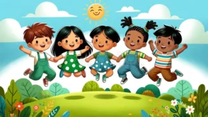 discover vibrant illustration rich diversity joy featuring cartoon children various cultural backgrounds leaping 301615330