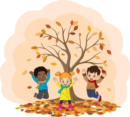 cartoon happy kids playing in autumn background free vector