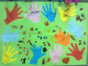αφίσα κατά της σχολικής βίας. στο κάθε χέρι τα παιδιά έγραψαν το μηνυμά τους.
