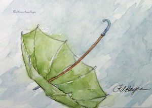 Green Umbrella in the Rain Watercolor Painting Original ACEO