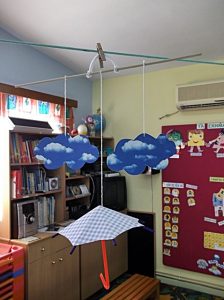 Μόμπιλε με ομπρέλες και σύννεφα που στολίζουν την τάξη μας!