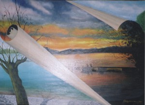 "Ατέρμον ξεφύλλισμα", λάδι σε μουσαμά, έργο του Γιάννη Οργανόπουλου