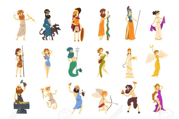 Greek Gods set, Dionysus, Hermes, Hephaestus,Zeus, Hades, Poseidon, Aphrodite, Artemis ancient Greece mythology characters character vector Illustrations